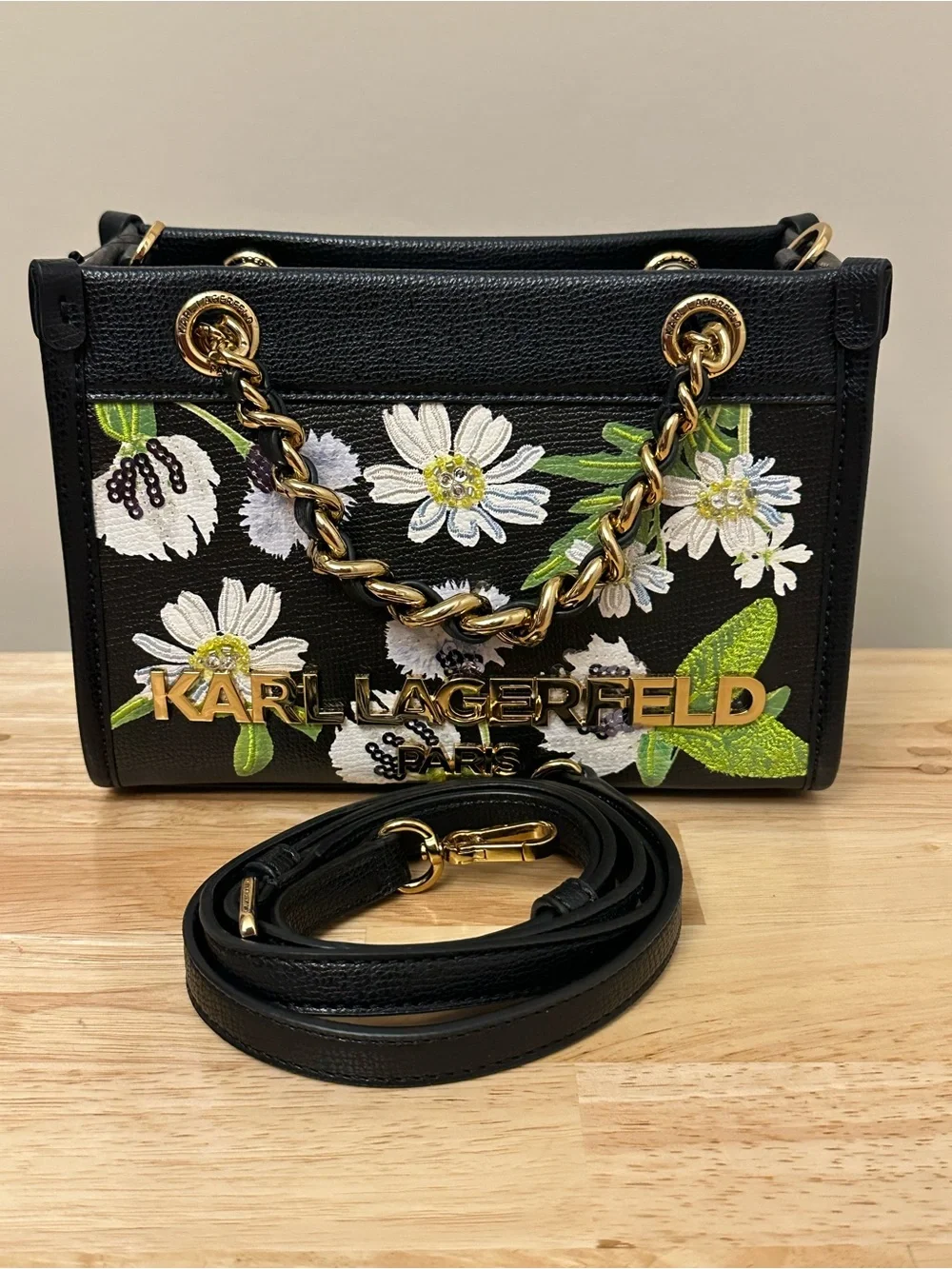 Karl Lagerfeld Black Floral Embroidered Satchel with Gold Chain